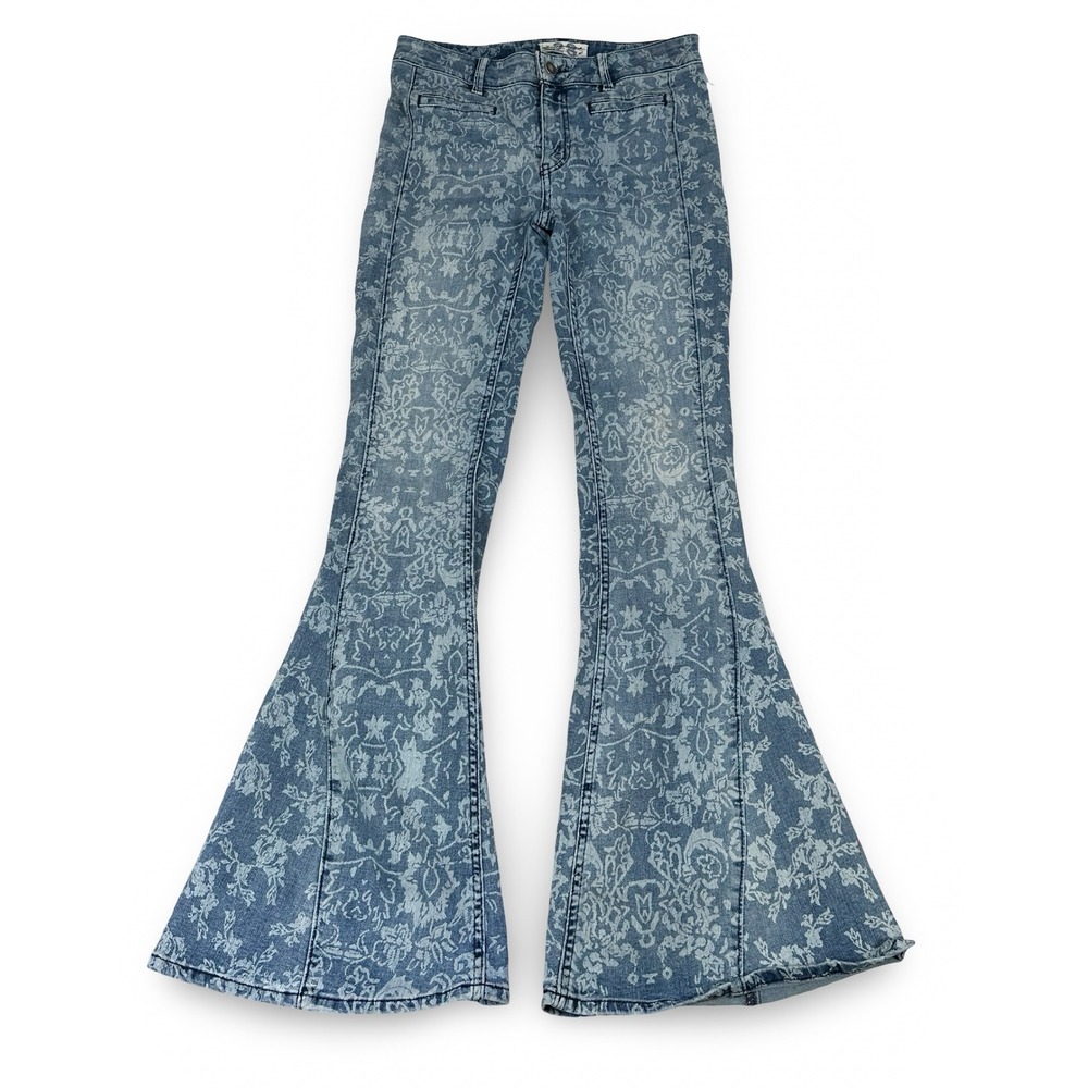 Free People Blue Floral Print High-Waist Flare Jeans